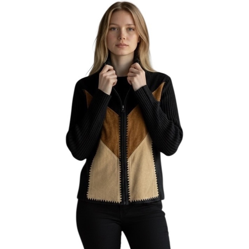Vintage Designer Studio Originals Suede Patchwork Ribbed Sweater Cardigan Jacket